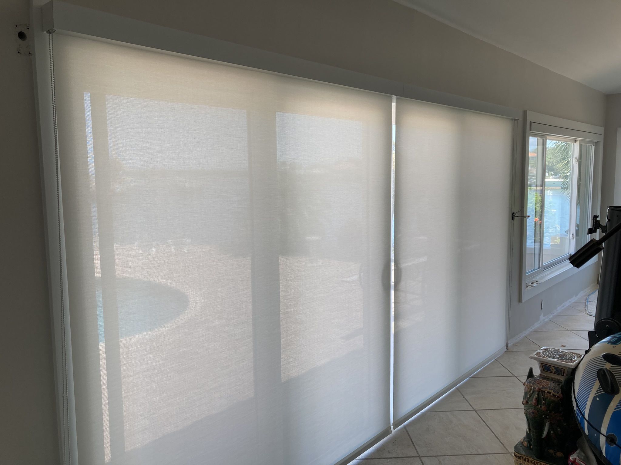 Two Roller Shades Over Sliding Glass Door With Metal. Facial Cord Loop 1%. Pick Up Only.