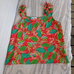Rose + Olive Red Floral Sleeveless Top Blouse Size XL Tropical     
