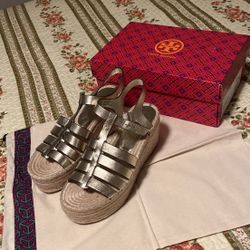 Tory Burch Sz 7/Fisherman Leather Espadrille Wedge Sandals