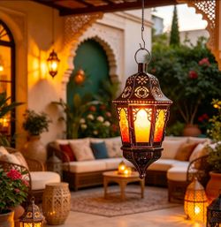 Moroccan Lantern Decorative Indoor & Outdoor, 13.6’’ Vintage Decorative Hanging Lanterns with Chain for Home Porch Patio Decor, Metal Christmas Ramada