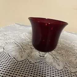 Vintage Ruby Red Clear Footed Glass Vase Candle Holder 6” high x 5” across, Excellent Condition $10