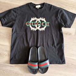 Gucci fit,  shirt and slides.  