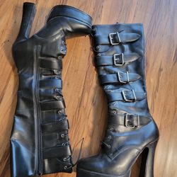 Black Knee High Buckle Boots,  Size 10