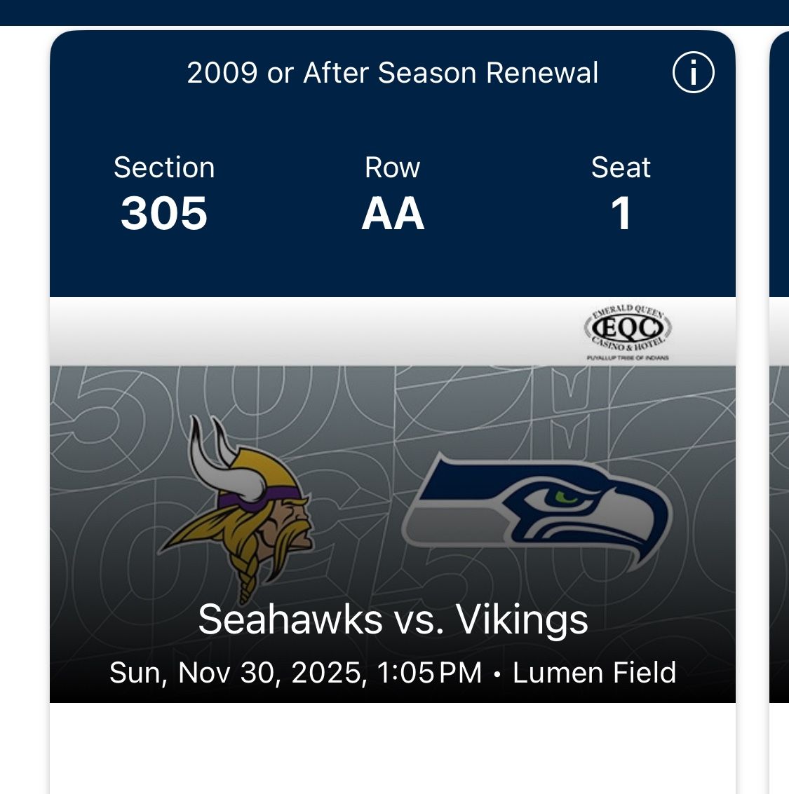 Seahawks Vs Vikings Section 305 $220 Each