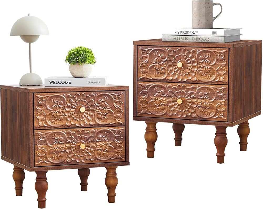 Set of 2 Nightstands,Farmhouse Bedside Table with 2 Drawers and Metal Handles, Wood Sofa Side Table End Table Accent Dresser for Bedroom, Living Room