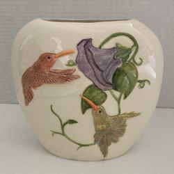Vintage Ceramic Flat Artisan Vase with Hummingbirds 