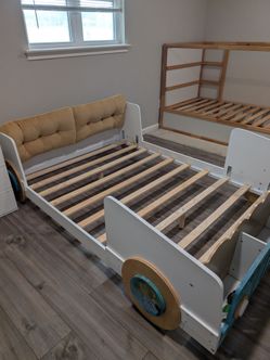 Full Montessori Car Bed Frame with cushion headboards and footboard shelves