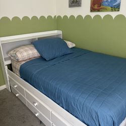 Full Size Platform Bed with Trundle & Storage Drawers & Storage Headboard for Girls & Boys,Solid Wood Capitan Bedframe for Bedroom,No Box Spring Neede