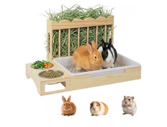3-in-1 Rabbit Hay Feeder with Litter Box, Sturdy Wooden Hay Feeder Set for Guinea Pigs, Chinchillas, Hamsters, Ferret, Rabbits and Other Small Animal