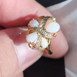 10k Gold Natural Australian Opal And Diamond Ring