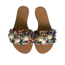 LEATHER RUBBER FLATS SOLE SABDALS, MADE IN GREECE , EMBELLISHED PEARLS DETAILS SIZE 37