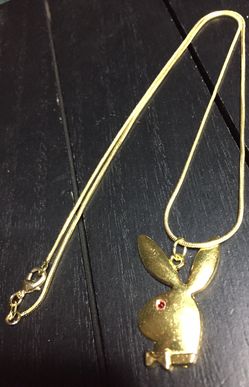 (18” or 20”) 18K Gold Plated Necklace with Playboy Bunny Pendant (Red Swarovski Glass Crystal Eye)