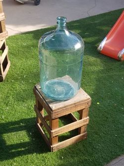 Vintage glass 5-gallon water bottle w/ wood crate