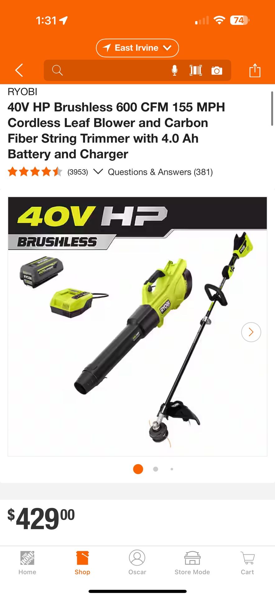 40V HP Brushless 600 CFM 155 MPH Cordless Leaf Blower and Carbon Fiber String Trimmer with 4.0 Ah Battery and Charger