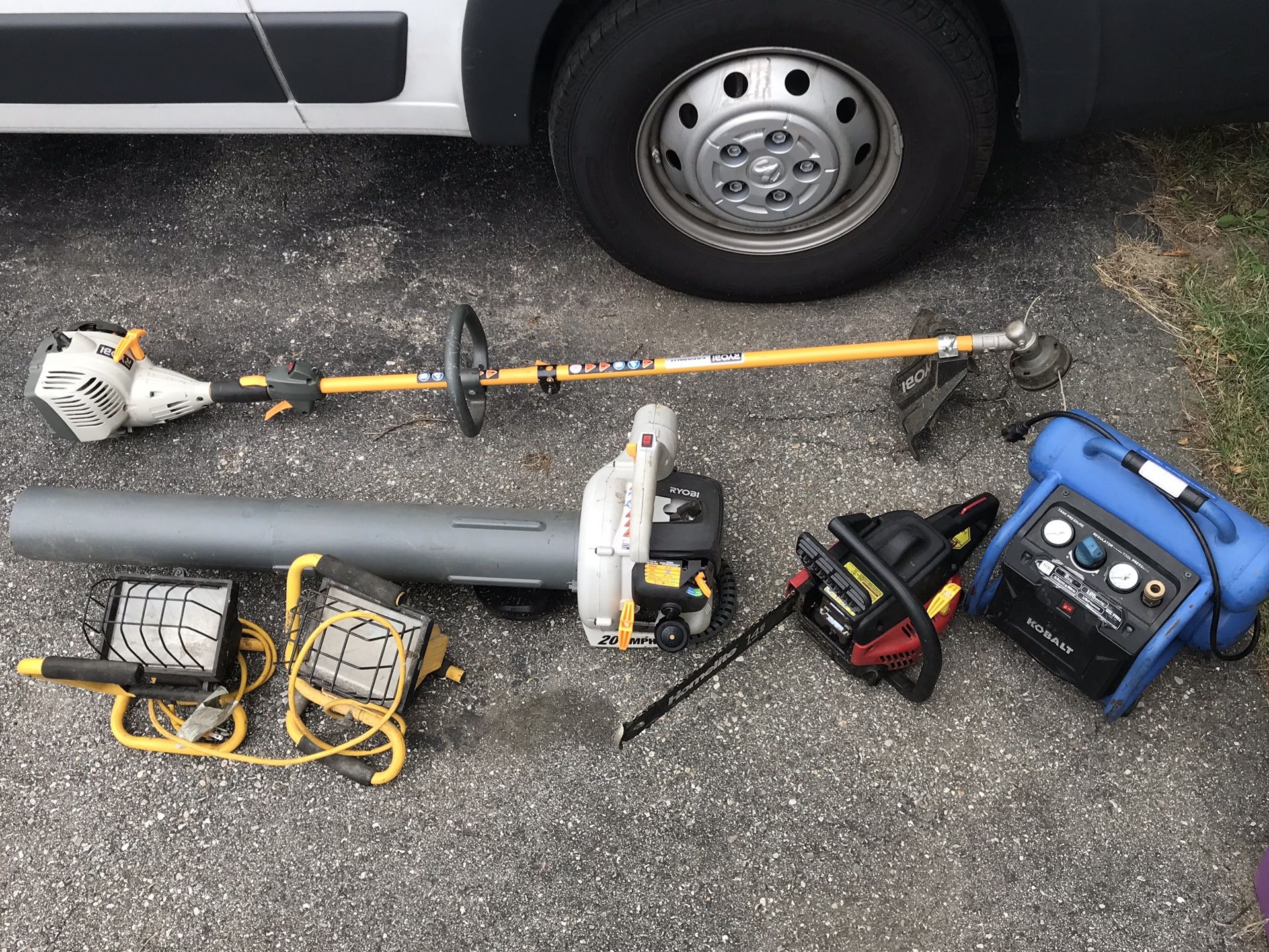 Ryobi weed wacker and blower , air compressor, lights & chainsaw