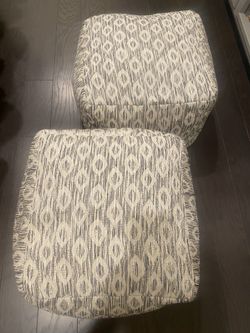 Pair 17” White and Black Diamond Outdoor Indoor  Woven Pouf Ottoman