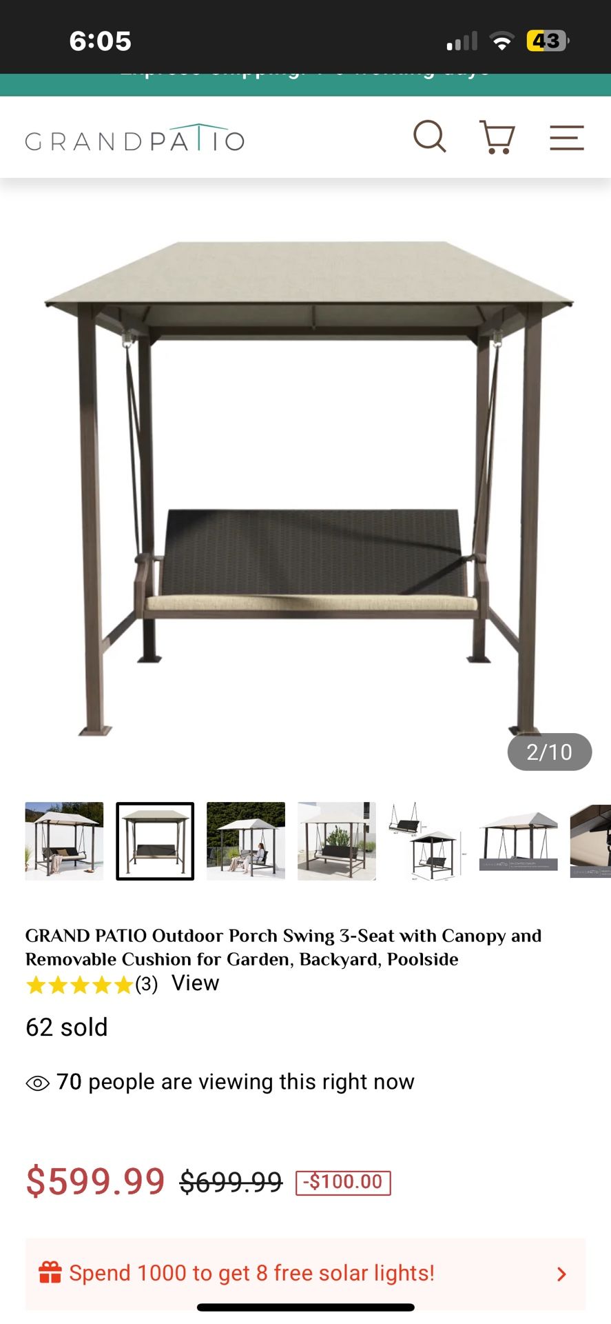 GRAND PATIO Outdoor Porch Swing 3-Seat with Canopy and Removable Cushion for Garden, Backyard, Poolside