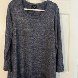   Jones New York L Sweater Navy Blue White Long SL Tunic Scoop Neck Viscose Blend   Lovely sweater.  Navy blue heather.   Accent seam from neck to hem
