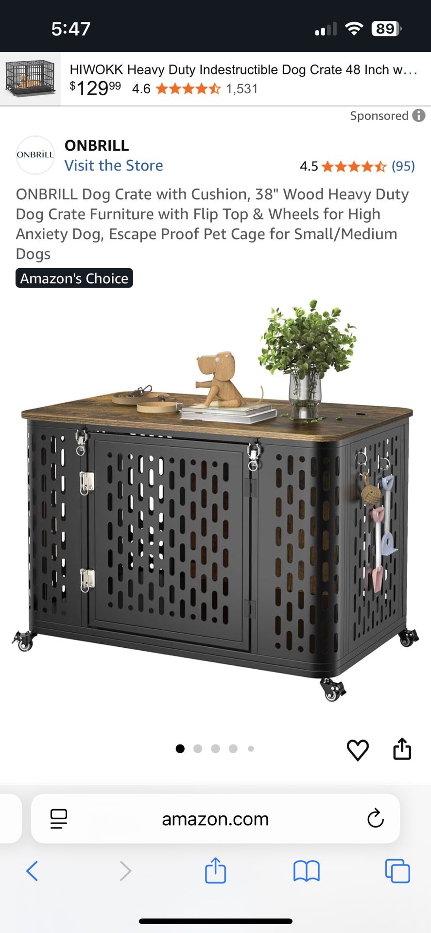 Dog Crate with Cushion, 38" Wood Heavy Duty Dog Crate Furniture with Flip Top & Wheels for High Anxiety Dog, Escape Proof Pet Cage for Small/Medium Do