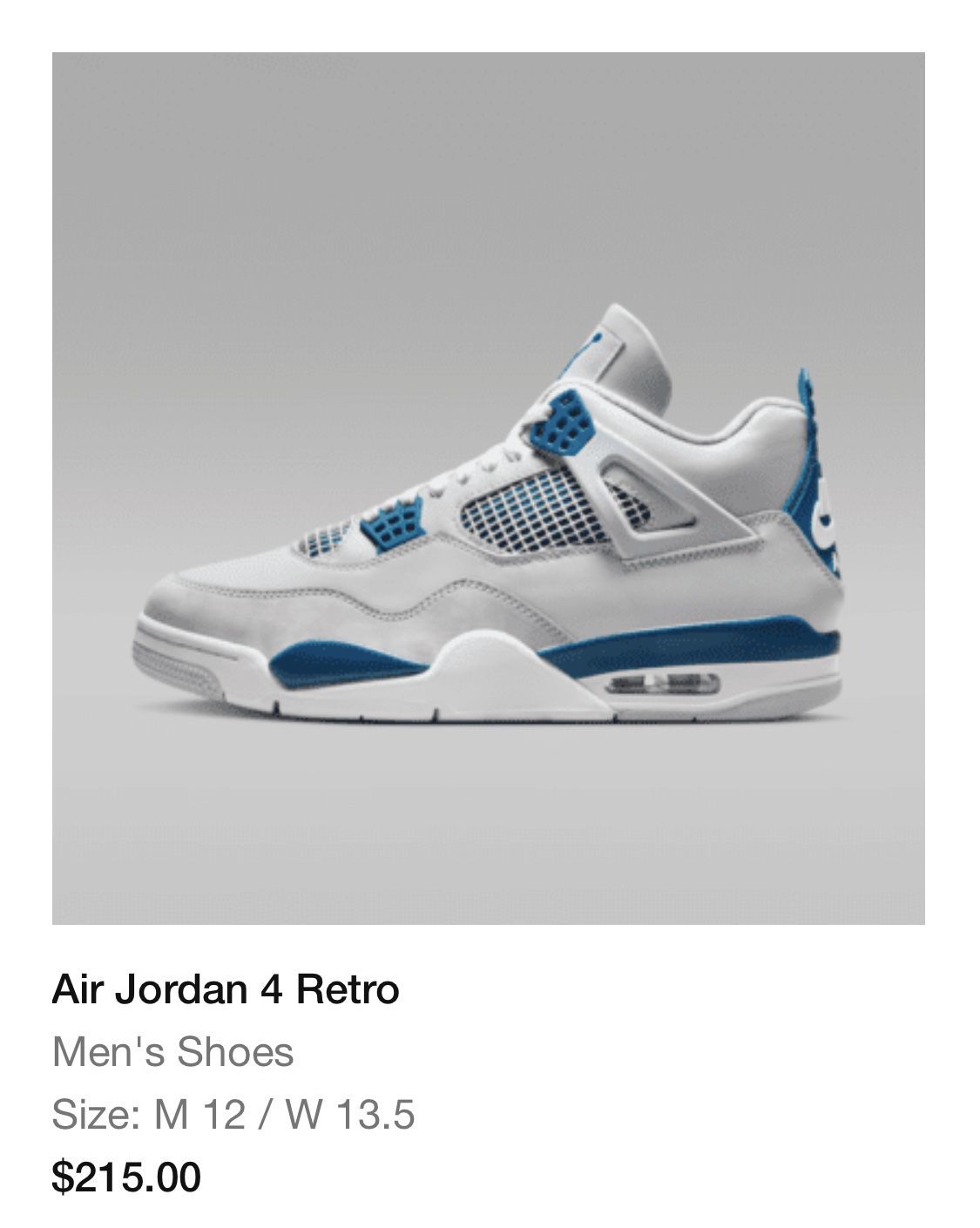 Jordan 4 Retro “Military Blue” Size 12