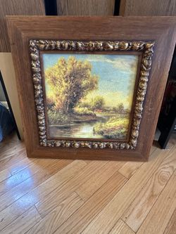 23 inch vintage Roma Moulding Oil Painting Meadow with Stream