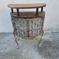 Mid-century Retro Ornate Metal Outdoor Or Indoor Cabinet With Two Tier Wooden Shelves! Circa 1950's! 