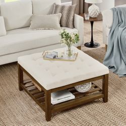 33.5” Beige Upholstered Tufted Contemporary Wood Framed Square  Coffee Table Ottoman [NEW IN BOX] **Retails for $242 <Assembly Required> 