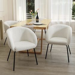 Cozy Sherpa Dining Chair, White Boucle Chairs with Arms, Curved Back Makeup Vanity Chair for Girls Women, Upholstered Dining Room Chair, Black Metal L