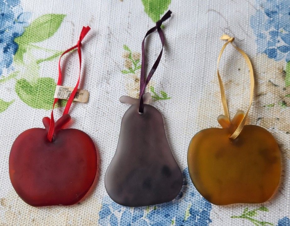 Vintage Set Of 1 Red Apple, 1 Orange.1 Pear . Glass  Cluster Ornaments 3” Each