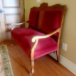 Handmase Carved Red Velvet Loveseat Bench From Mission Inn