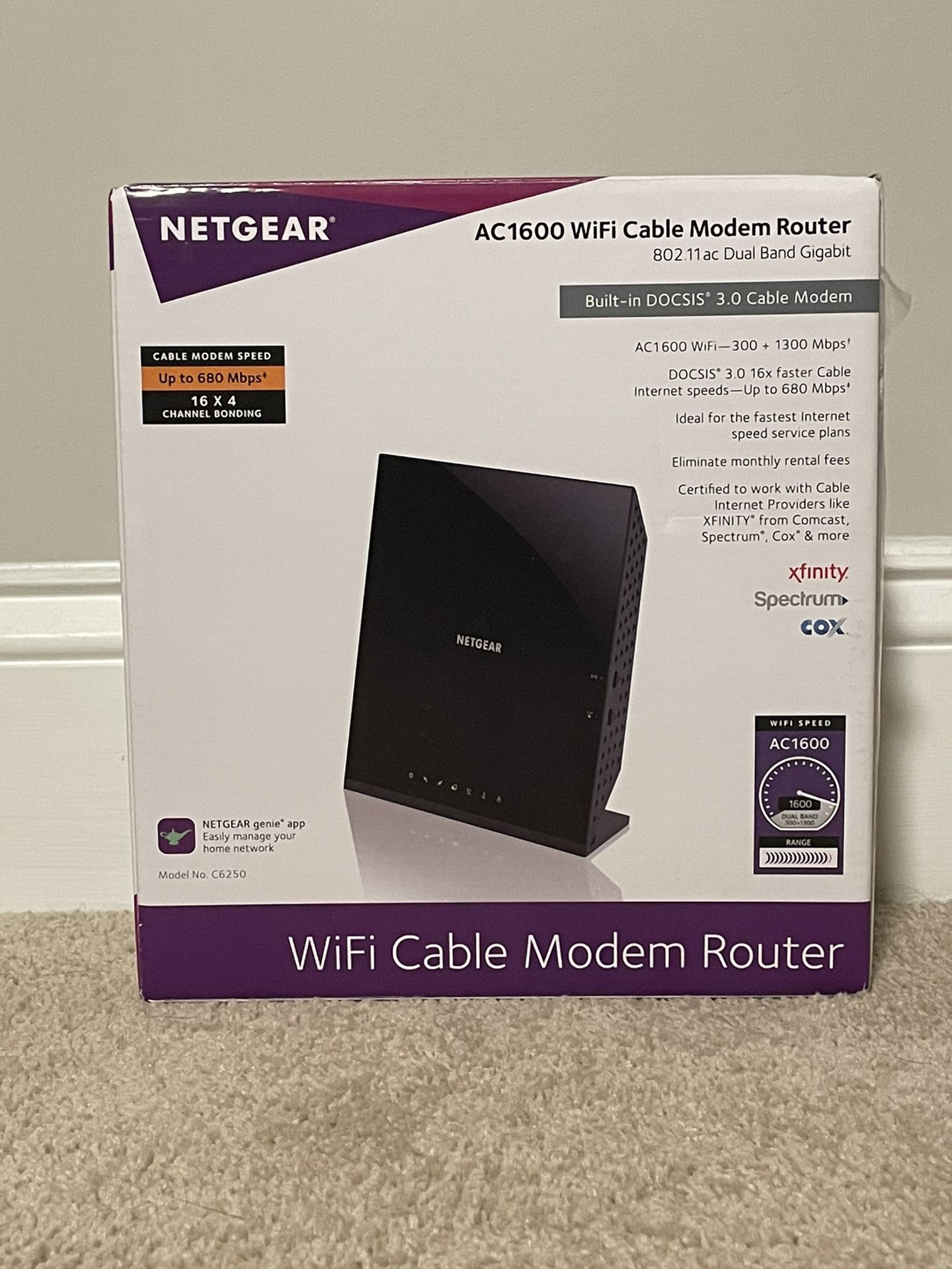 Netgear C6250-100NAS AC1600 (16x4) WiFi Cable Modem Router Combo (C6250) DOCSIS 3.0 Certified for Xfinity Comcast, Time Warner Cable, Cox, & More