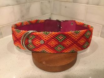 Handmade Dog Collar – 23.5” XL – Sunset Orange & Pink Diamond Weave