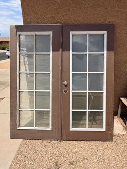 Set (2) Brown Wood French Front Doors with Window Panels - 77.5” x 35” (each door)