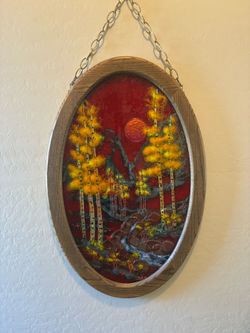 Large Vintage Style Art Glass Window Panel 21”x32” - Framed 3D Textured Red & Gold Wall Decor