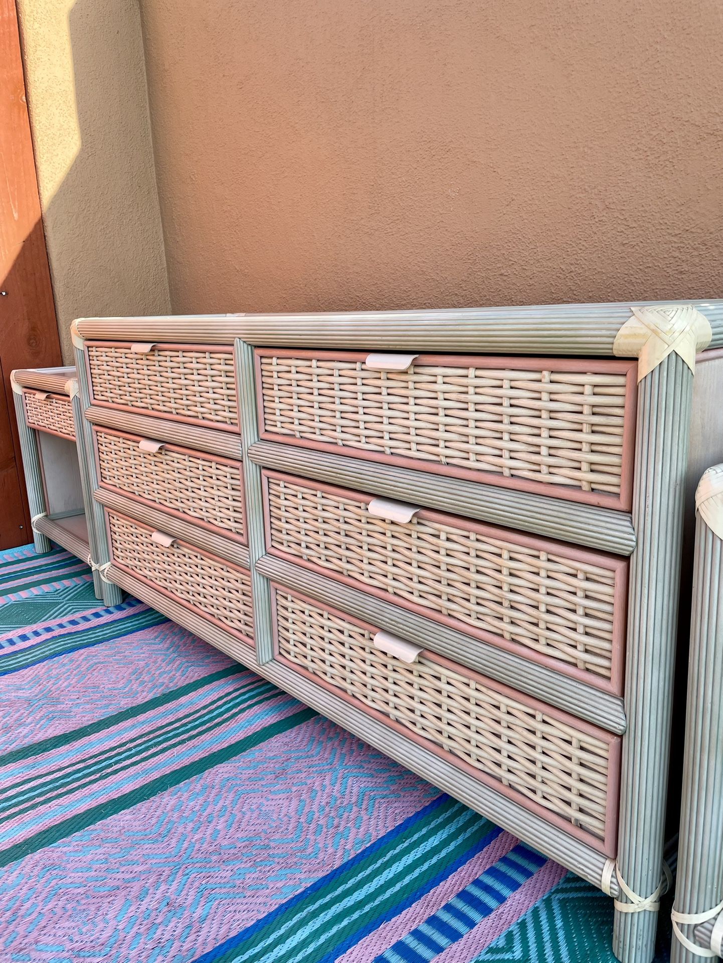 Bedroom Set Vintage Wicker Rattan Cane Boho Retro Mid Century Modern Dresser Headboard Nightstands