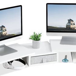 MARTY Dual Monitor Stand, White Monitor Riser with Drawer Length & Angle Adjustable Desktop Organizer Stand Wood Long Computer Monitor Stand for 2 Mon