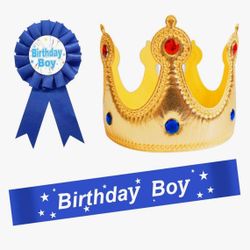 3 Pc Birthday Boy Crown hat, Pin, Sash