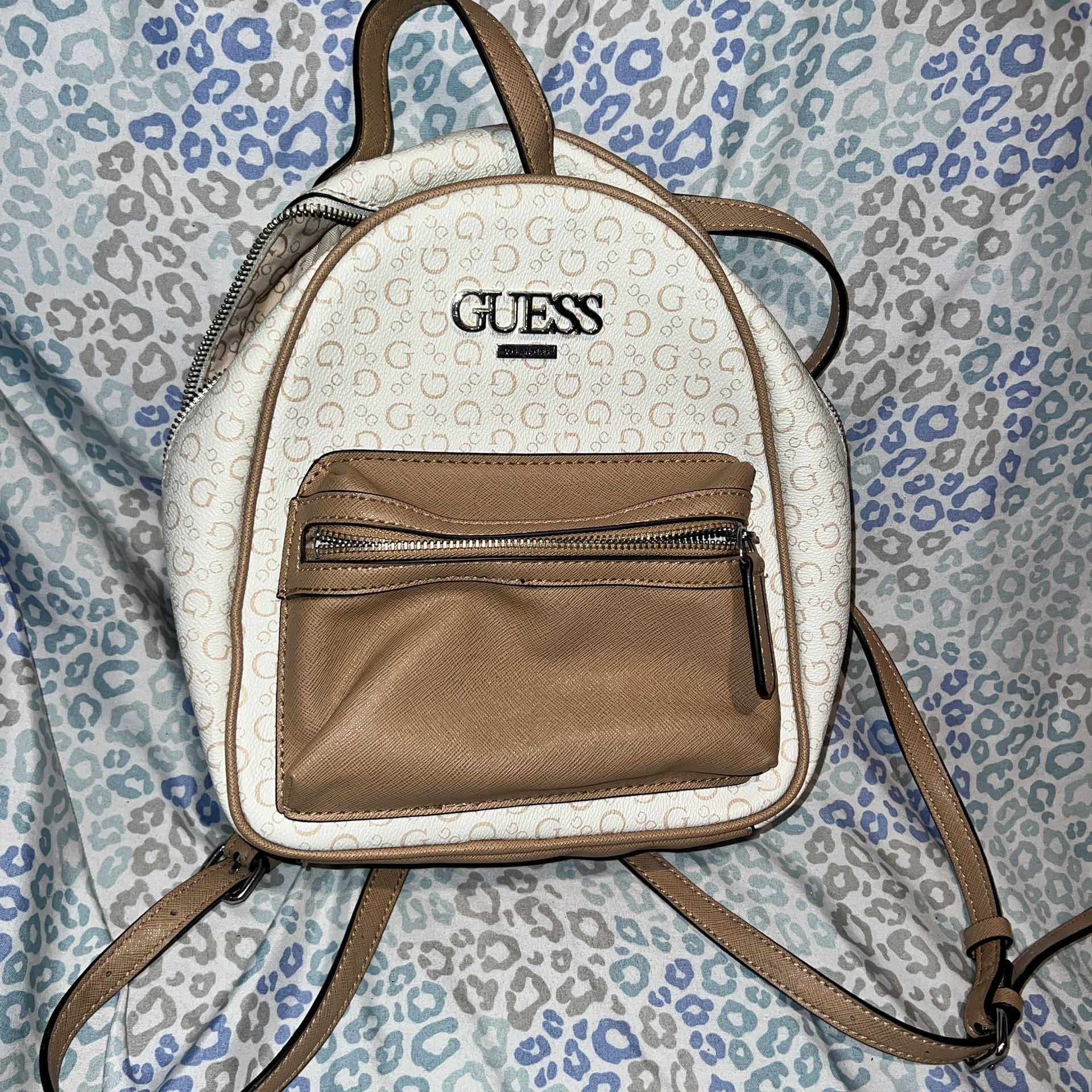 Tan White Guess Mini Backpack Purse Handbag Faux Leather G Logo