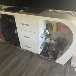 Modern White TV Stand with Glass Shelves & Storage 