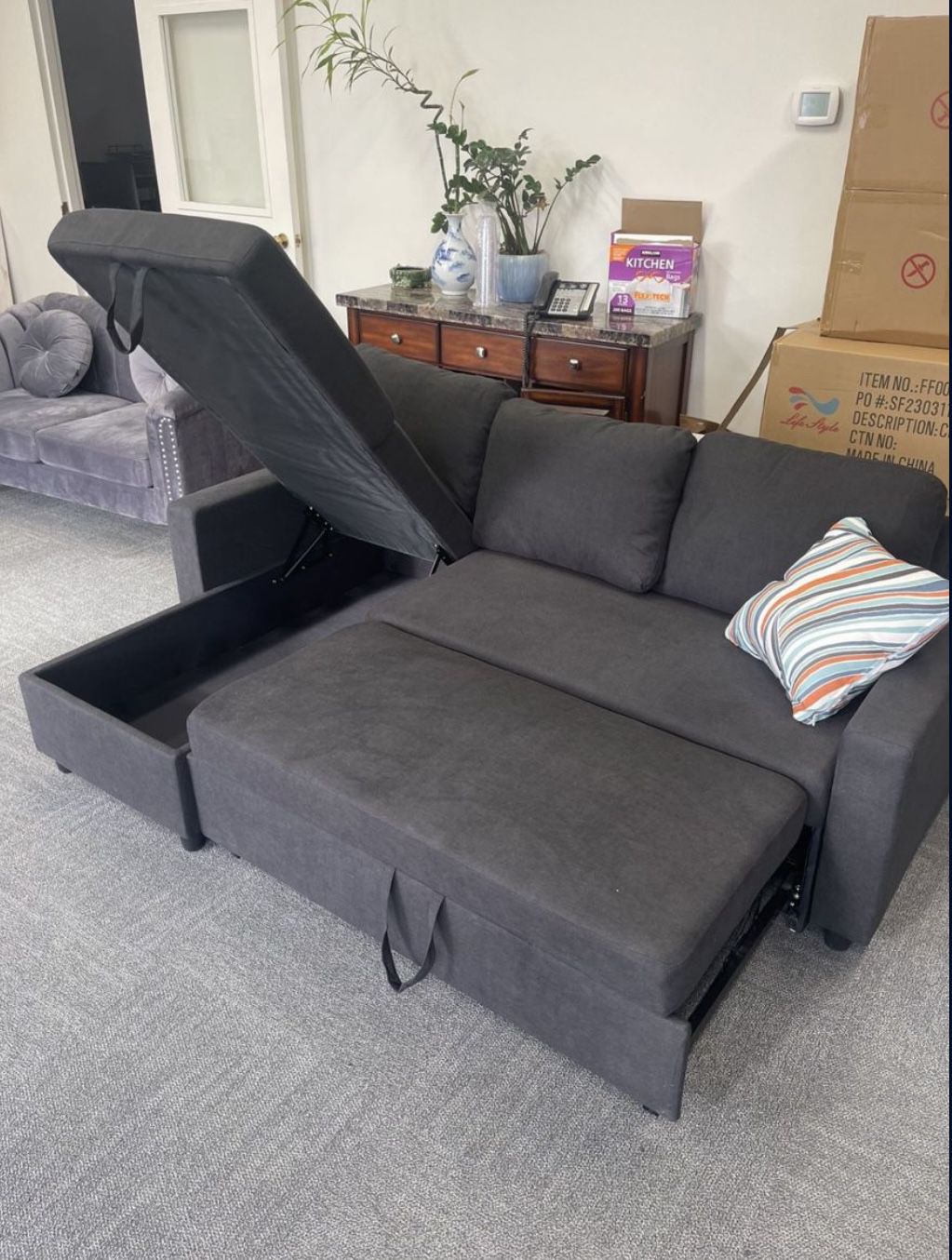 Grey Microfiber Sectional Sleeper Sofa Couch 