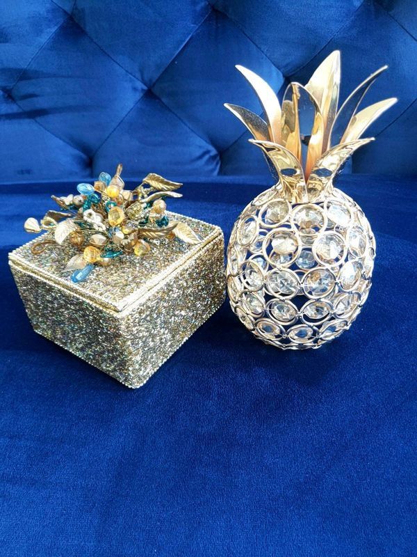Glam Hollywood Regency Decor- Glitter Decor Box & Crystal Rhinestone Pineapple
