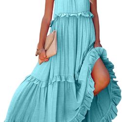  Summer Sleeveless Halter Neck Tiered Dress Flowy Ruffle Long Beach Maxi Dress Sundress