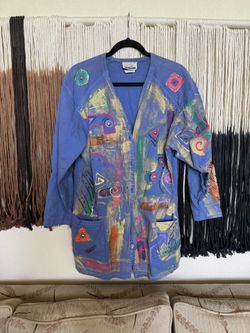 Blue vintage long sleeve button up painting cardigan with pockets; perfect condition