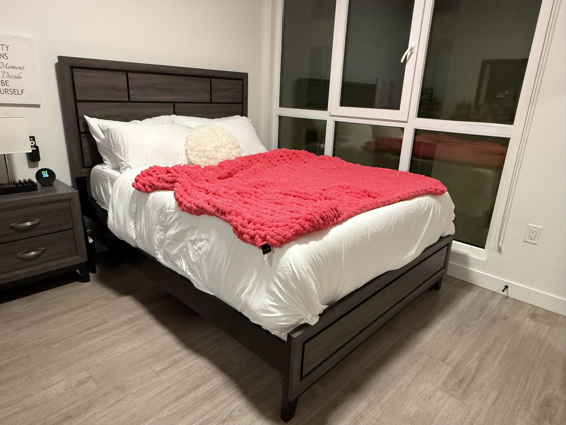 Queen Bedroom Set - Bedframe, Nightstand, Dresser + Mirror, & Mattress + Box Spring (Living Spaces)