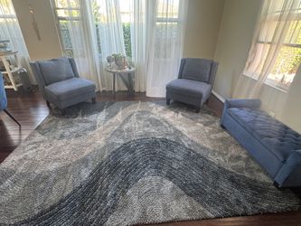 2 Modern Couches, Stylish Carpet & Red Ottoman