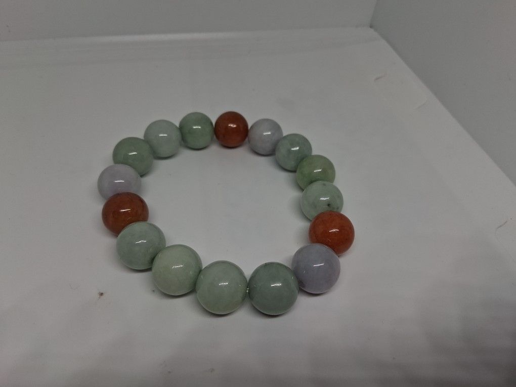 Preowned Natural Jad Ejadeist Burma Beqss 13.5mm Stretchy Bracelet Multi Colors