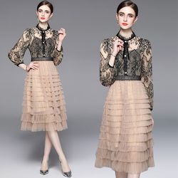 French Style Retro Lace A-Line Dress With Long Sleeve & Cascading Ruffles, Luxe Midi Party, Cocktail, Prom & Wedding Guest Vestidos