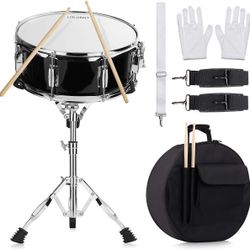 14 inch Snare Drum Set with Gig Bag, a pair Sticks,drum Stand and Drum Keys,a pair practice gloves for Students,Beginners (14'', Black)