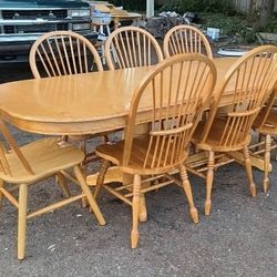 Oak Dining Table And 8 Chairs/8 Foot/Double Leaf/Extension/Farmhouse/Rustic/Shabby/Distressed/Rare/Super Long/Country/Solid Wood/Pedestal/Set/Windsor