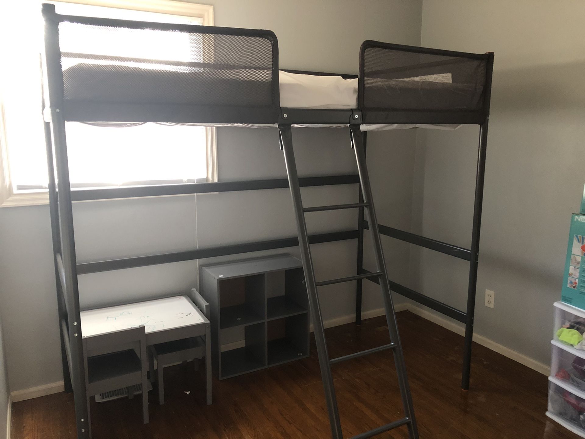 Kids IKEA bunk bed, twin mattress with protective cover, drawing table and cubby shelf